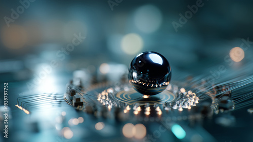 Futuristic Nanotechnology Sphere on Miniaturized Circuit Network macro visualization of a futuristic nanotechnology environment featuring a single glossy dark nano sphere positione