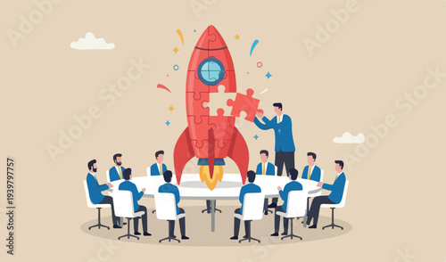 Solve business problem with creativity, finishing or complete brilliant concept, analysis to marketing smart together businessman assemble piece team jigsaw complete red big rocket puzzle.