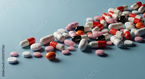 A pile of various colorful pills and capsules on a blue surface