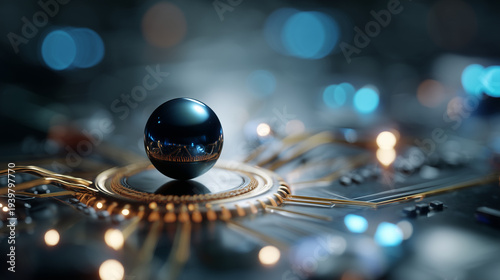 Futuristic Nanotechnology Sphere on Miniaturized Circuit Network macro visualization of a futuristic nanotechnology environment featuring a single glossy dark nano sphere positione