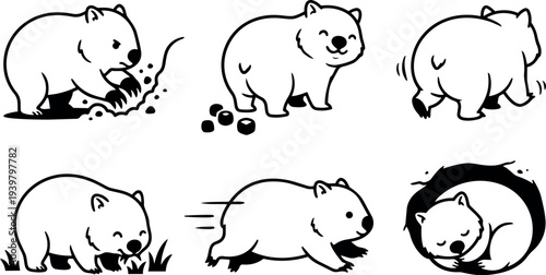 Minimalist line art wombat icon set showing six playful poses including digging smiling running grazing turning curled sleeping