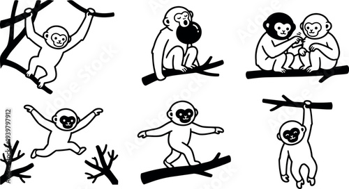 Line art playful monkey icons in six poses on tree branches showing swinging, sitting, grooming, balancing, jumping, hanging cute smiling