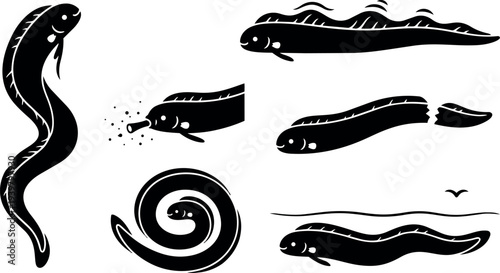 Tattoo flash eel set showing coiled, swimming, feeding and broken tail poses in black silhouette vector icons detailed side profile