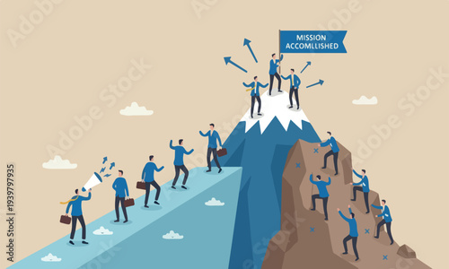 success with minimal shading business concept, businessmen compete easy and hard way to climb mountain
