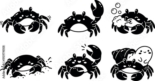 Flat design kawaii crab icon set showing six playful crab poses with smiling faces close up black silhouette vector stickers