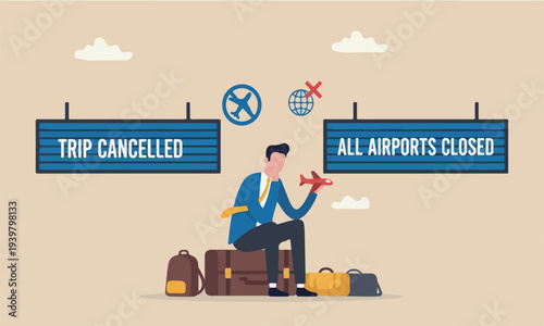 Trip COVID-19 together outbreak crisis concept, sad man tourist sitting on empty travel bag, luggage holding toy airplane wait for travel the world