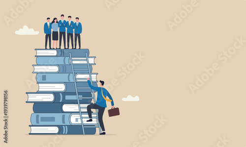  Business improvement, reading list concept, businessman climb up ladder on books stack for good vision.