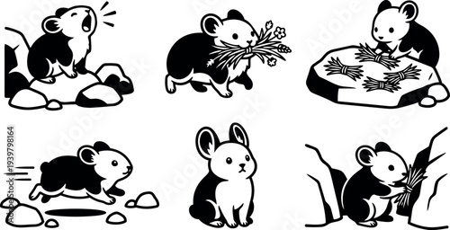 Line art vector set of small rodents in six distinct poses gathering grass running sitting chewing on rocks with bold black silhouette