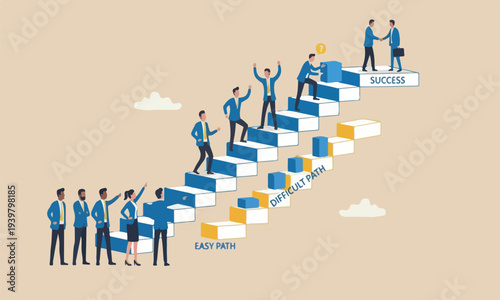  ladder opportunity is teams together modern, flat design with clean lines and minimal shadingbig books with obstacle concept, businessmen about to climb up easy and difficult career ladder.