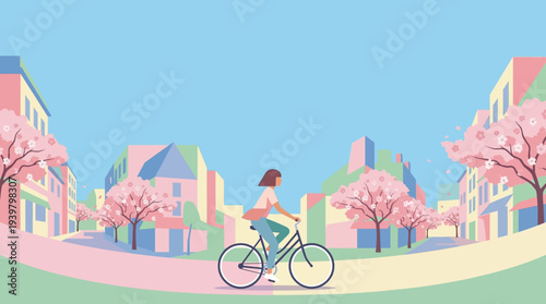 Woman riding bicycle in colorful pastel spring city with blooming cherry blossom trees