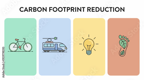 Carbon footprint reduction infographic with eco friendly transport and green energy icons