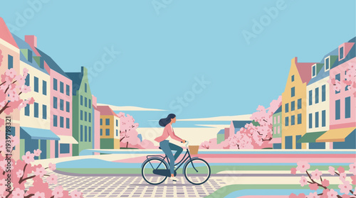 Woman riding bike along city canal with colorful European houses and spring cherry blossoms