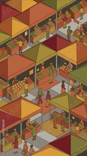 Isometric farmers market with people buying fresh local organic produce under colorful tents
