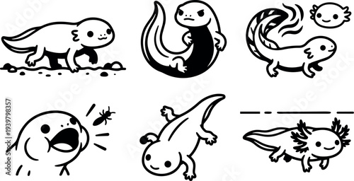 Line art playful axolotl icon set showing six cute poses including walking curled smiling eating insect swimming juvenile gilled