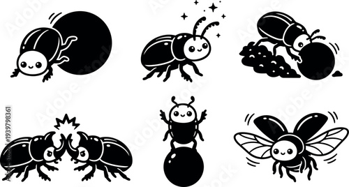 Whimsical kids doodle close up of smiling dung beetles pushing balls in playful poses set on white background with bold lines