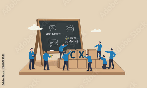 Customer industrial with blue team uniform building cube wooden block with acronym CX on table with blackboard, user review or feedback