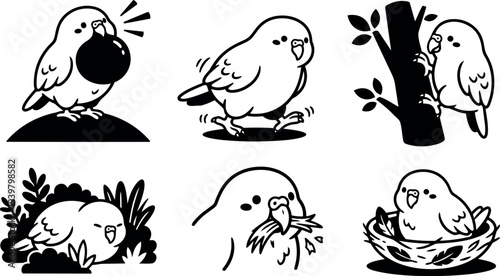 Line art cute budgie showing beak holding berry walking climbing tree nesting feeding and close up profiles in black silhouette