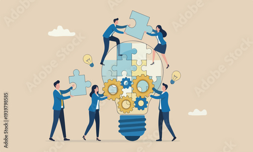  Company employee engagement, collaboration or cooperate synergy for business growth concept, business people help building lightbulb ideas.