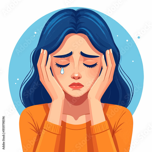 A sad woman with blue hair and an orange shirt, crying with a tear on her cheek, expressing deep sorrow and emotional distress.