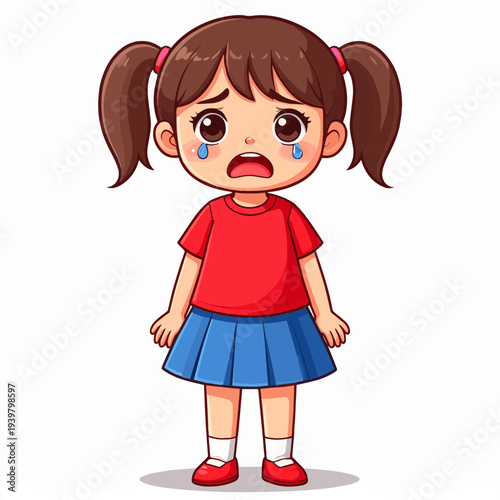 Cartoon illustration of a sad little girl with pigtails crying and looking upset.