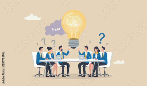 Think big, aspiration to win and success in business idea from creativity imagination team meeting overcome fear concept, smart businessman entrepreneur thinking big oversized idea lightbulb