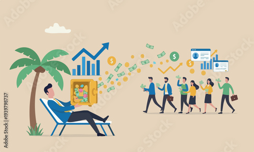  Passive, piggy meeting teams together bank investment or stock dividend and profit to be financial freedom concept, relax businessman open safe with wealthy treasure inside and money coins walking in