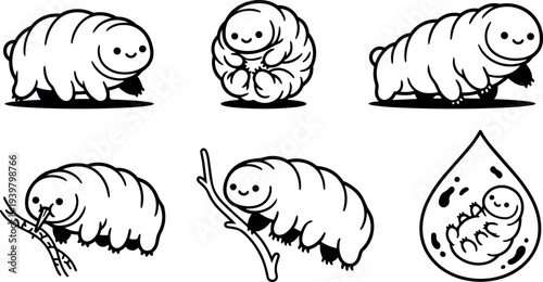 Line art cute tardigrade mascot set showing smiling water bear in various poses eating, climbing, curled and microscopic droplet close up