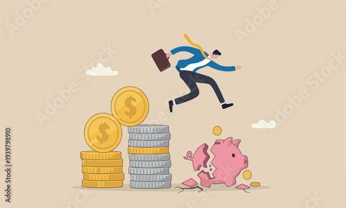 Financial instability piggy bank situation or economic recession, crisis or bankruptcy concept, businessman investor falling from stack of unstable money coins.