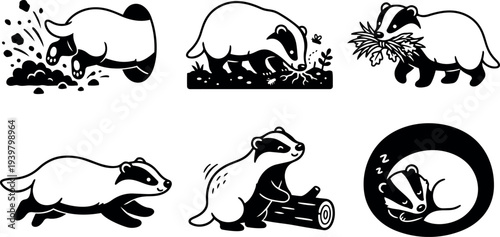 Line art set of six badger vector icons showing digging, foraging, carrying leaves, running, sitting on log and sleeping curled