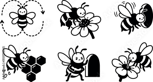 Minimalist line art bee icons set showing pollination, honeycomb, guarding bee and feeding bees in simple black and white vector