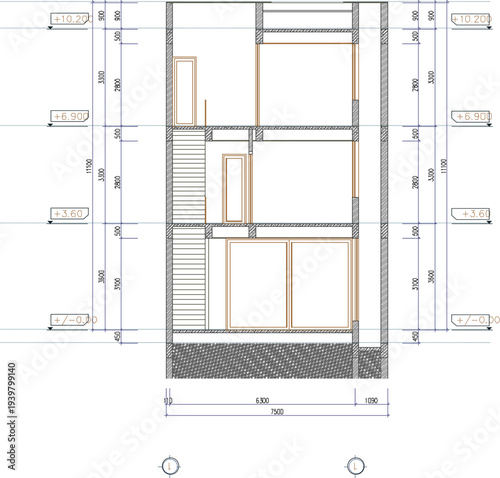 Detailed Two-Dimensional Architectural Elevation of a Suburban Home Design Featuring Professional Dimension Strings and Structural Axis Indicators