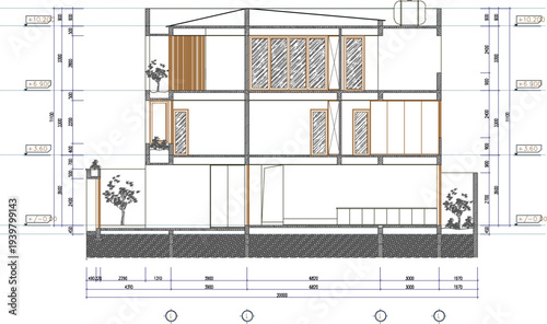 Professional Architectural Drafting for a Multi-Storey Private Residence Elevation Featuring Decorative Gable Ends and Technical Measurement Guidelines