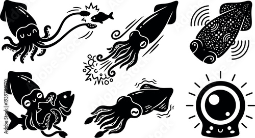 Tattoo flash squid and cuttlefish close up icon set showing playful squid eating fish and dynamic motion in bold black silhouette