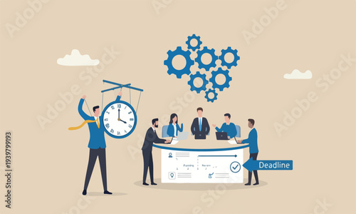 : Control time bullseye target efficiency, productive project manager concept, businessman hand control time with clock puppet