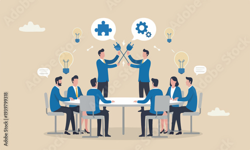 Communicate solve problem, discussion or meeting to get new idea, collaboration or cooperate to success, connect idea for solution concept, businessman connect plug between conversation dialogue