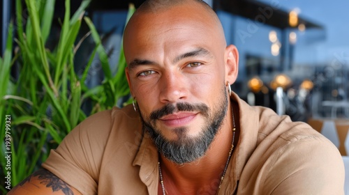 Confident man with a shaved head and dark beard wears earrings and a tan shirt, revealing an arm tattoo