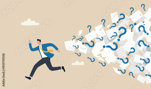 Overwhelmed or work overload, exhausted and anxiety, stressed and tired from problem and trouble, panic attack or shocked, burnout and depression concept, fearful businessman runaway paperwork