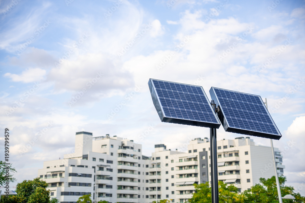 Fototapeta premium Solar Panel in Modern Residential City with a clear sky background