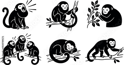 Flat silhouette vector monkeys in six poses showing yawning, climbing, eating leaves, socializing, sleeping and walking on playful branches