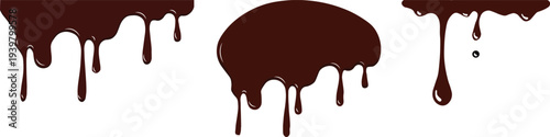 Melted chocolate drip vector illustration with dark brown liquid splashes and syrupy drops isolated on white background