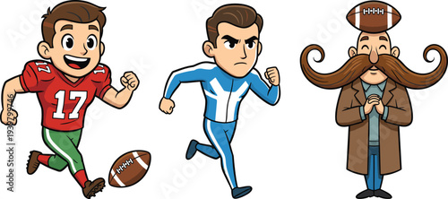 Vector illustration of cartoon characters including football player, athlete, and mustached man with humorous poses, symbolizing sports, lifestyle, fun, entertainment, and creative design concepts.