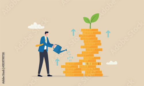 Saving growth investment or earning profit, mutual fund, wealth accumulation or compound interest, pension fund prosperity concept, businessman watering growing coin stack seedling growth