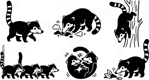 Bold line art coati characters in playful poses sniffing, climbing, digging and socializing set of six vector icons isolated silhouette