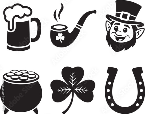 Iconic St Patricks Day Symbols Featuring Leprechaun Mug Shamrock and Horseshoe
