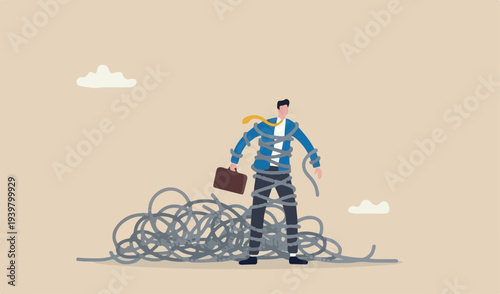 Business problem or failure, difficulty or hard to do, messy or tangled, complicated problem or trouble, busy job mess, suffering struggle, frustrated businessman with tangled messy rope around