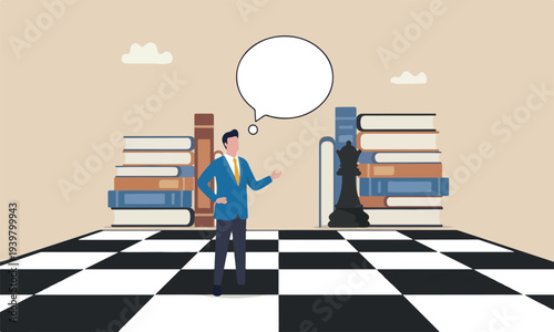 Decision making concept, brave miniature figure businessman thinking and standing on chessboard looking at black chess enemy in far background.