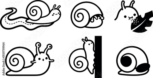 Line art icon set of six cute snails in different poses eating leaf climbing wall and looking forward playful minimal