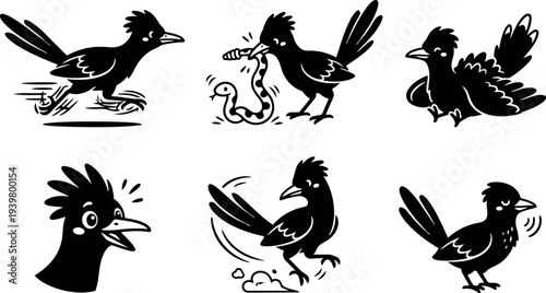 Tattoo flash set of expressive crow icons in black silhouette six poses running striking snake landing calling bold line art