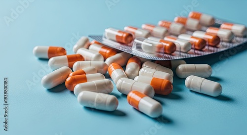 Pill capsules scattered from a blister pack on a blue surface