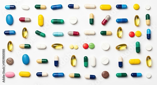 A collection of various colorful pills and capsules on a white background
